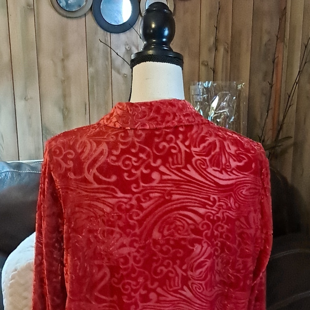 Women Red Floral Burn-Out Velvet Button Down Blouse Size L Boho Y2K - Picture 5 of 9